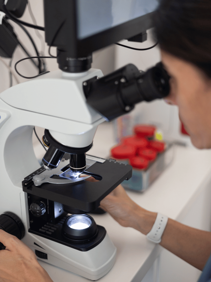 veterinary team looking through a microscope at samples